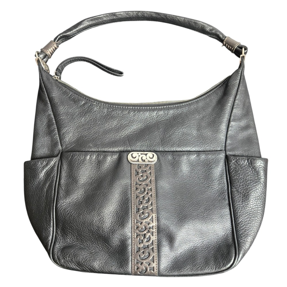 Brighton Y2k Caitlyn Black Pebble‎ Leather Shoulder Hobo Bag Vtg Silver Scroll